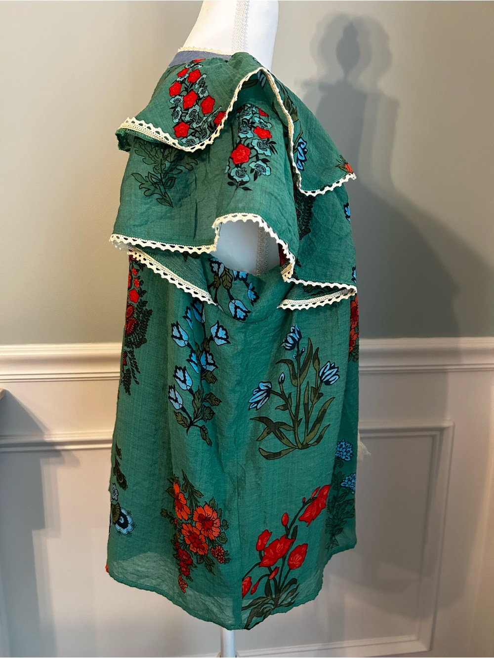 THML Clothing Green Floral Peasant Tunic Blouse with Ruffle Sleeves, Tassels L - Picture 6 of 16